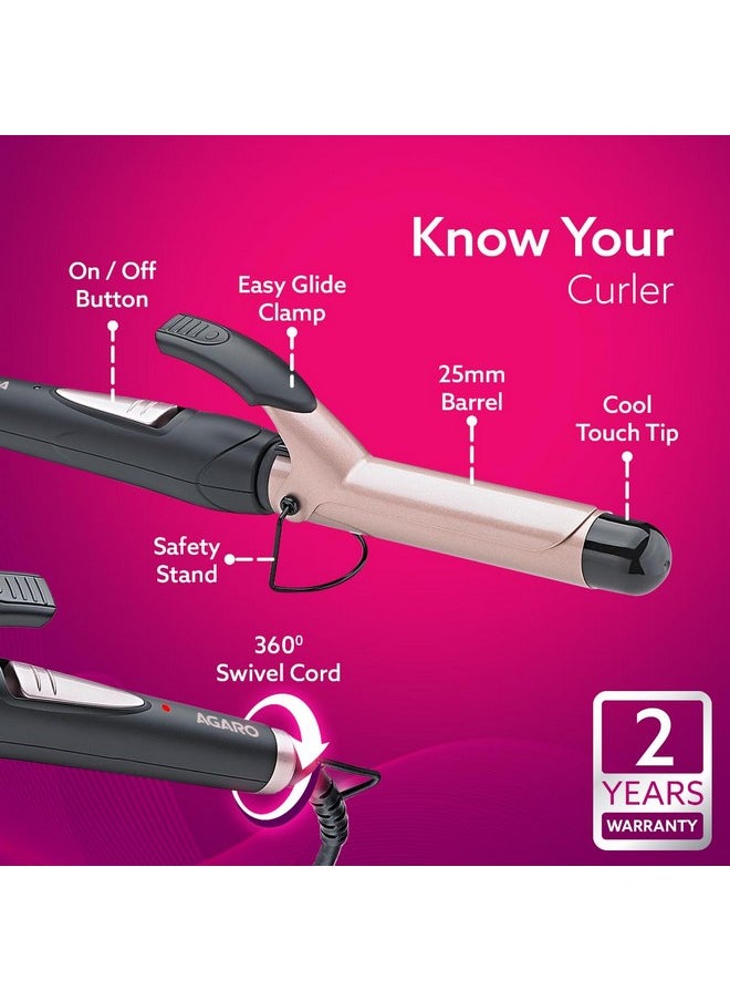 AGARO Hc6001 Hair Curler With 25Mm Barrel Rod Tong Tourmaline Infused Ceramic Coated Plates Cool Touch Tip Fast Heating For Women Long And Short Hair Curling Styling Black & Rose Gold  - Image 3