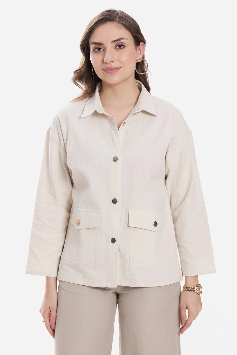 Virgio Textured Cotton Button Down Relaxed Shacket for Women