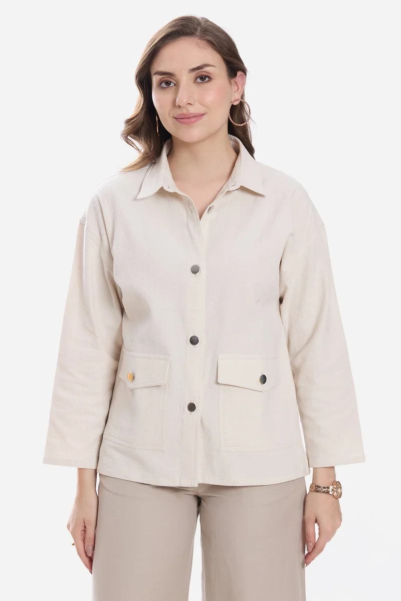 Virgio Textured Cotton Button Down Relaxed Shacket for Women