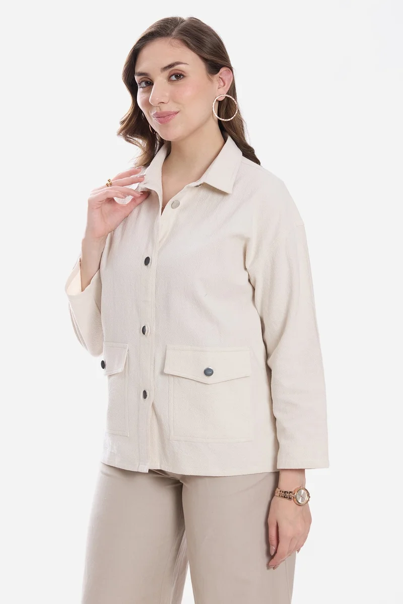Virgio Textured Cotton Button Down Relaxed Shacket for Women
