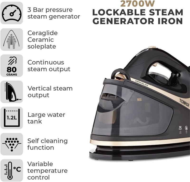 Tower T22023GLD Ceraglide Steam Generator with Steam Shot Button, 3 Temperature Settings, 1.2L, 2700 W, Champagne Gold and Black - Image 2