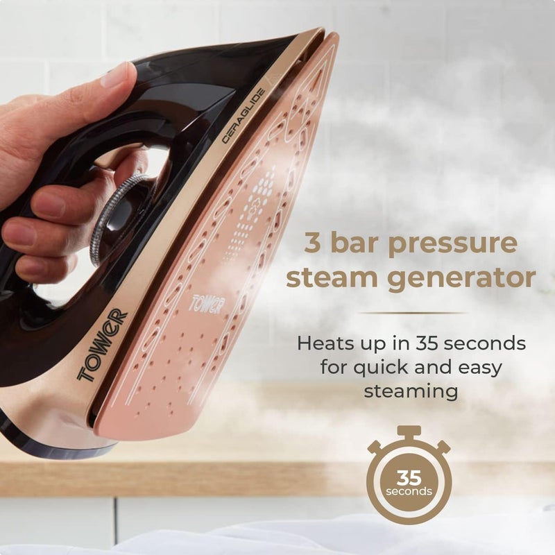 Tower T22023GLD Ceraglide Steam Generator with Steam Shot Button, 3 Temperature Settings, 1.2L, 2700 W, Champagne Gold and Black - Image 4