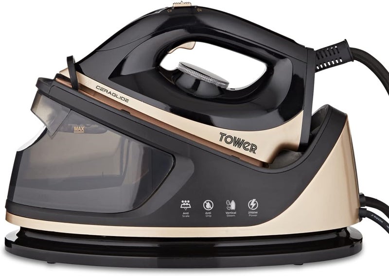 Tower T22023GLD Ceraglide Steam Generator with Steam Shot Button, 3 Temperature Settings, 1.2L, 2700 W, Champagne Gold and Black - Image 1