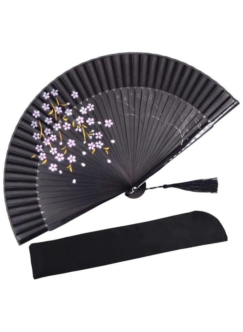 KASTWAVE Hand Held Bamboo Silk Folding Fan Hand Fan, Chinese Japanese Charming Elegant Vintage Retro Style for Dancing Cosplay Wedding Party Props Decoration and Women Ladys Girls Best Gifts (Black, 8.27 Inch) - Image 1