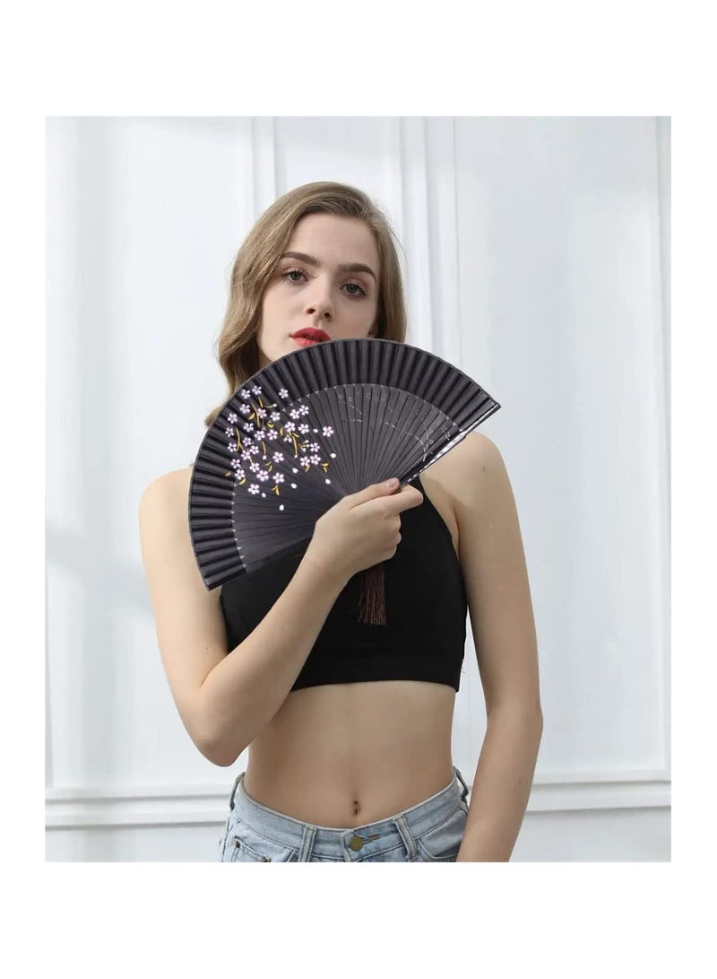 KASTWAVE Hand Held Bamboo Silk Folding Fan Hand Fan, Chinese Japanese Charming Elegant Vintage Retro Style for Dancing Cosplay Wedding Party Props Decoration and Women Ladys Girls Best Gifts (Black, 8.27 Inch) - Image 2