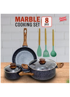 Sweet Home Sweet Home 8 Pcs Marble Non-Stick Cookware Set PFOA Free With Heat Resistant Handles & Transparent Glass Lids Granite Finish & Induction Base Cooking Set  - Image 1