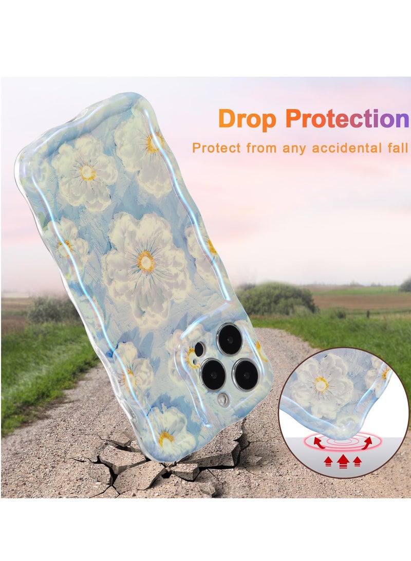 Case for iPhone 13 Pro, Colorful Retro Oil Painting Flower Laser Glossy Pattern Cute Curly Waves Border Exquisite Floral Phone Cover Stylish Durable TPU Protective Case for Girls Women-Blue - Image 3