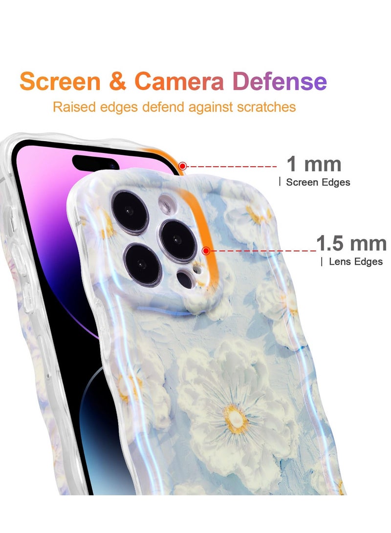 Case for iPhone 13 Pro, Colorful Retro Oil Painting Flower Laser Glossy Pattern Cute Curly Waves Border Exquisite Floral Phone Cover Stylish Durable TPU Protective Case for Girls Women-Blue - Image 4