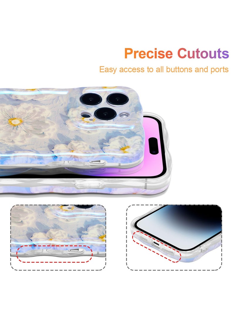 Case for iPhone 13 Pro, Colorful Retro Oil Painting Flower Laser Glossy Pattern Cute Curly Waves Border Exquisite Floral Phone Cover Stylish Durable TPU Protective Case for Girls Women-Blue - Image 5