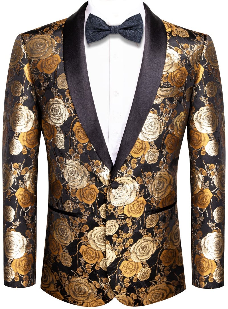 Hi-Tie Stylish Men Suit Jacket Blazer Shawl Lapel One Button Slim Fit Long Sleeve Jacket Tuxedo Party Dinner,001-black Gold,Medium - Image 1