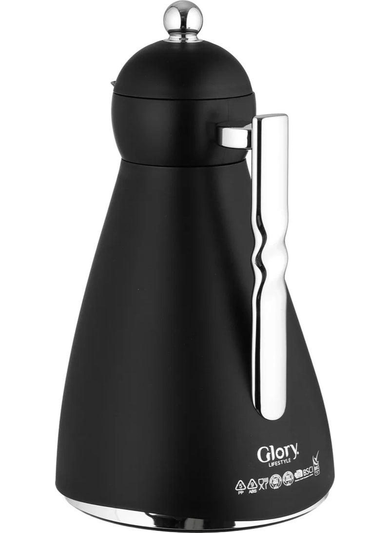 Glory Thermos, 1 Liter, Glass Inner Container, Push Button, Silver Handle - Black - Image 2