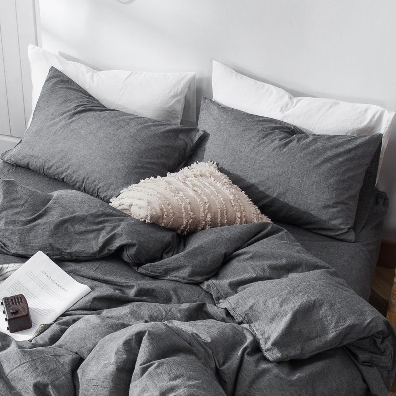 MooMee Bedding Pillowcases Pack of 2 100% Washed Cotton Linen Like Textured Breathable Durable Soft Comfy (Dark Grey  King) - Image 5