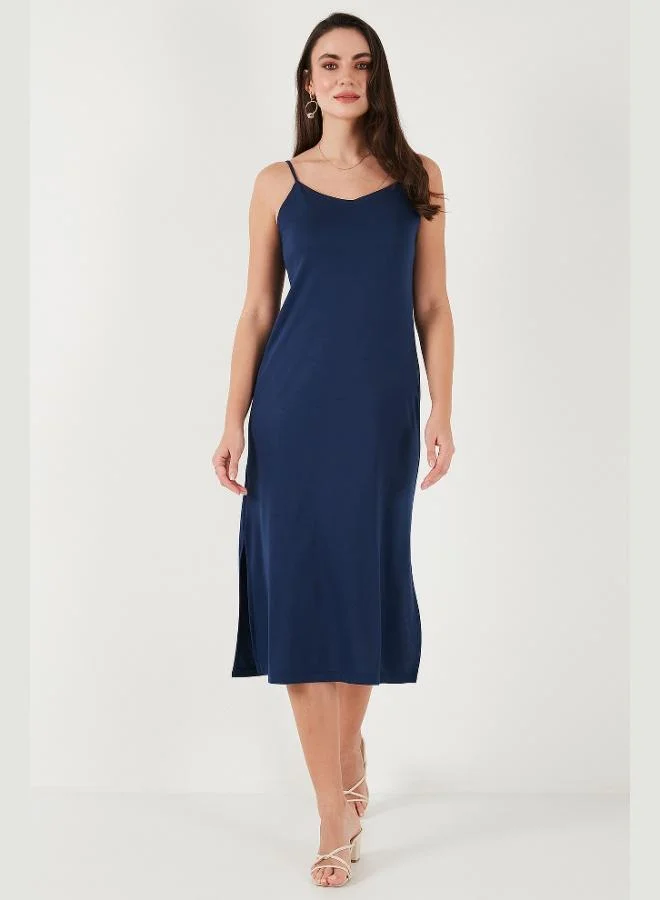 ليلا فستان ميدي ليلا بقصة عادية بحمالات حبل وفتحة للنساء