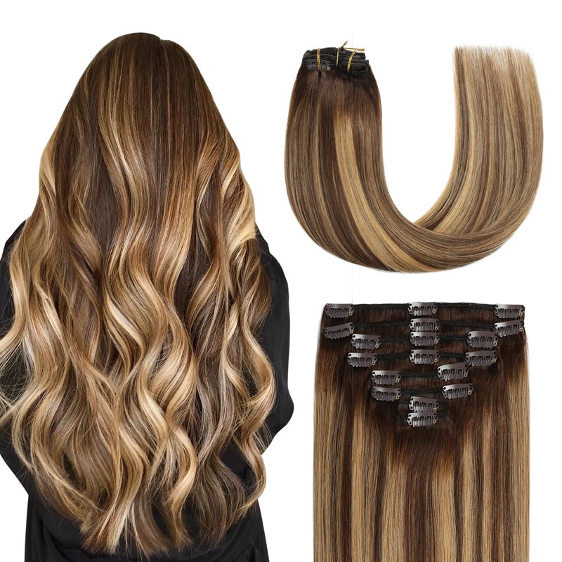 Sunya Real Human Hair Clip in Extensions Balayage Chocolate Brown to Caramel Blonde Ombre 20 Inch 8pcs120g