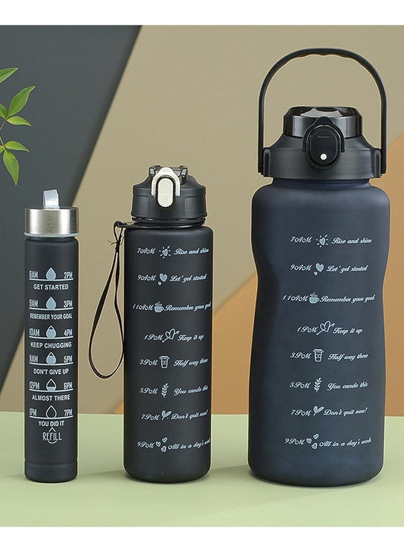 3-Piece Sports Water Bottle Set with Time Markers, Black - Image 1
