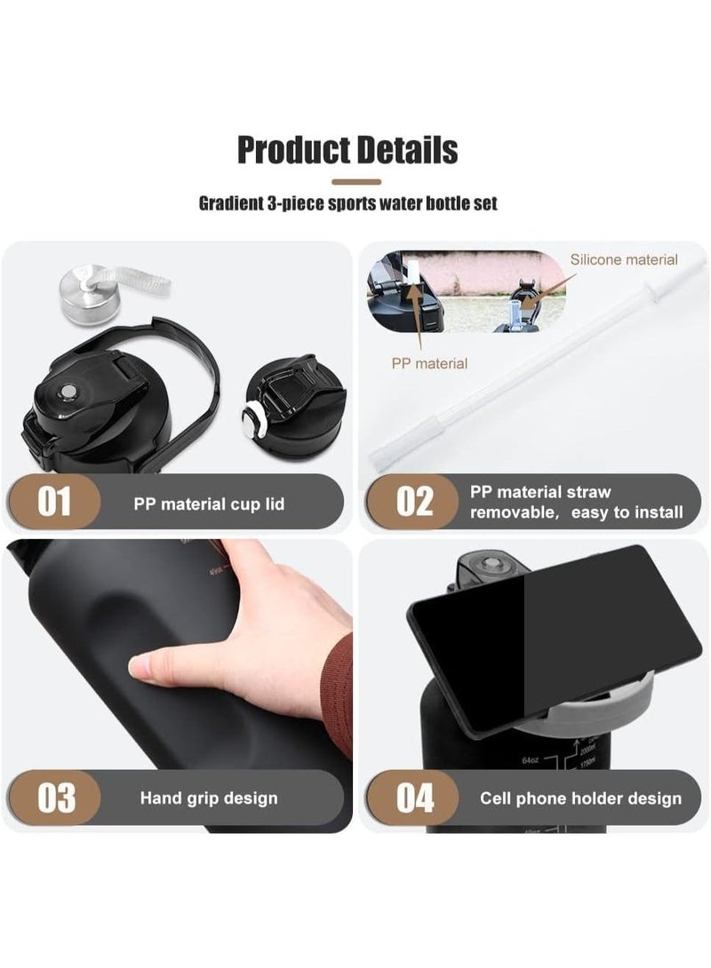 3-Piece Sports Water Bottle Set with Time Markers, Black - Image 2
