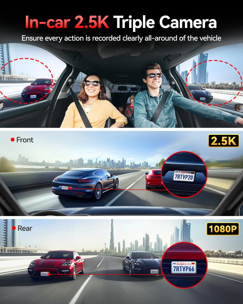 REDTIGER 530Â° Dash Cam 3 Channel, 2.5K+2.5K+1080P Triple Car Camera with 128GB Card, IR Night Vision, Touch Screen, Dashcam for Front Inside Rear Included WiFi GPS, 24H Parking Mode - Image 3