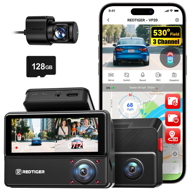 REDTIGER 530Â° Dash Cam 3 Channel, 2.5K+2.5K+1080P Triple Car Camera with 128GB Card, IR Night Vision, Touch Screen, Dashcam for Front Inside Rear Included WiFi GPS, 24H Parking Mode - Image 1