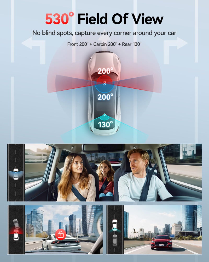 REDTIGER 530Â° Dash Cam 3 Channel, 2.5K+2.5K+1080P Triple Car Camera with 128GB Card, IR Night Vision, Touch Screen, Dashcam for Front Inside Rear Included WiFi GPS, 24H Parking Mode - Image 2