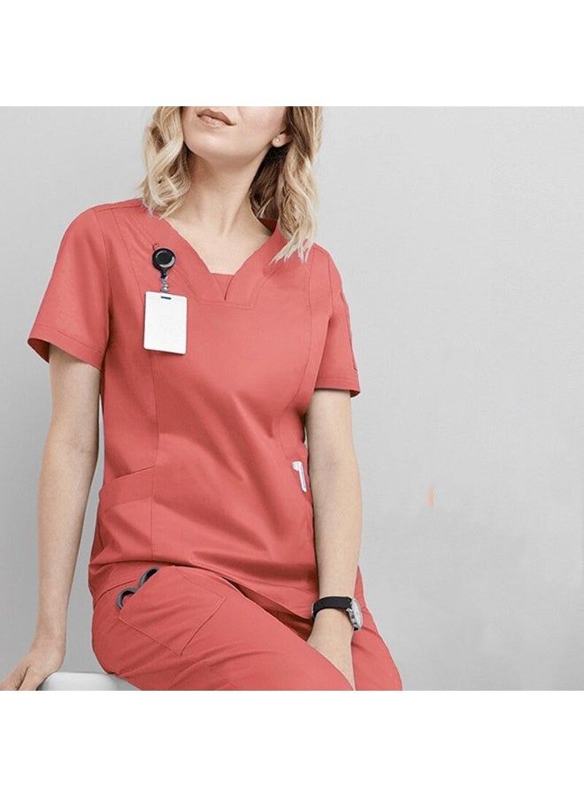Loquat Womens Medical Scrubs Single Top Medical Uniform Single Printed Top Orange Red - Image 1