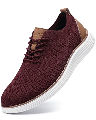 VILOCY Men's Casual Dress Sneakers Oxfords Business Shoes Lace Up Lightweight Comfortable Breathable Walking Knit Mesh Fashion Sneakers Tennis Wine Red,EU43 - Image 1
