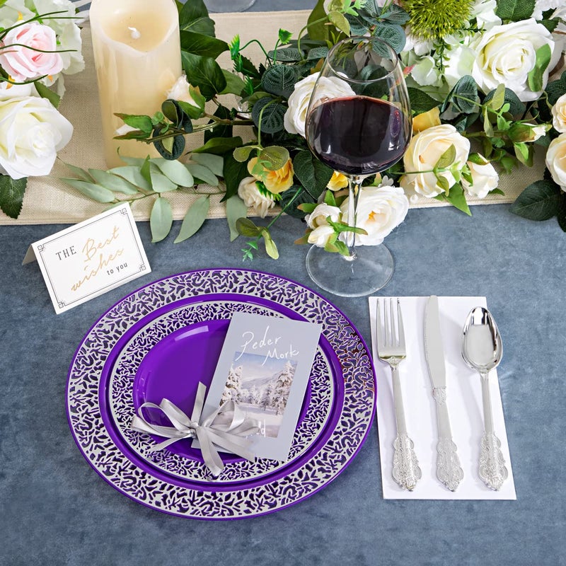 U-QE 150PCS Purple Silver Plastic Plates with Silver Silverware  Silver Party Supplies for 30 Guests Include 30 10.25"" and 30 7.5"" Plates  30 Forks  30 Knives  30 Spoons - Image 2