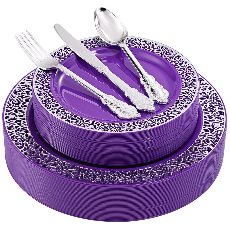 U-QE 150PCS Purple Silver Plastic Plates with Silver Silverware  Silver Party Supplies for 30 Guests Include 30 10.25"" and 30 7.5"" Plates  30 Forks  30 Knives  30 Spoons - Image 1