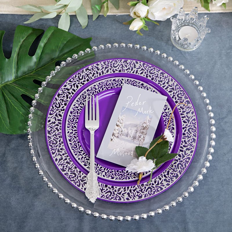 U-QE 150PCS Purple Silver Plastic Plates with Silver Silverware  Silver Party Supplies for 30 Guests Include 30 10.25"" and 30 7.5"" Plates  30 Forks  30 Knives  30 Spoons - Image 3