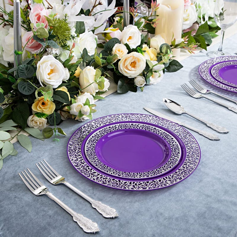 U-QE 150PCS Purple Silver Plastic Plates with Silver Silverware  Silver Party Supplies for 30 Guests Include 30 10.25"" and 30 7.5"" Plates  30 Forks  30 Knives  30 Spoons - Image 5