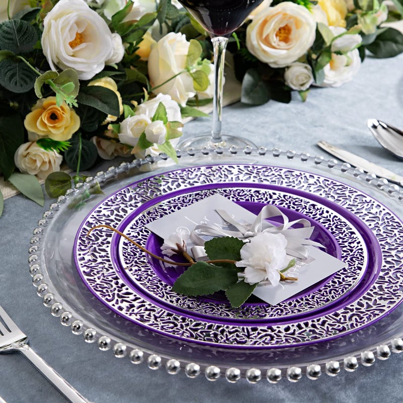 U-QE 150PCS Purple Silver Plastic Plates with Silver Silverware  Silver Party Supplies for 30 Guests Include 30 10.25"" and 30 7.5"" Plates  30 Forks  30 Knives  30 Spoons - Image 4