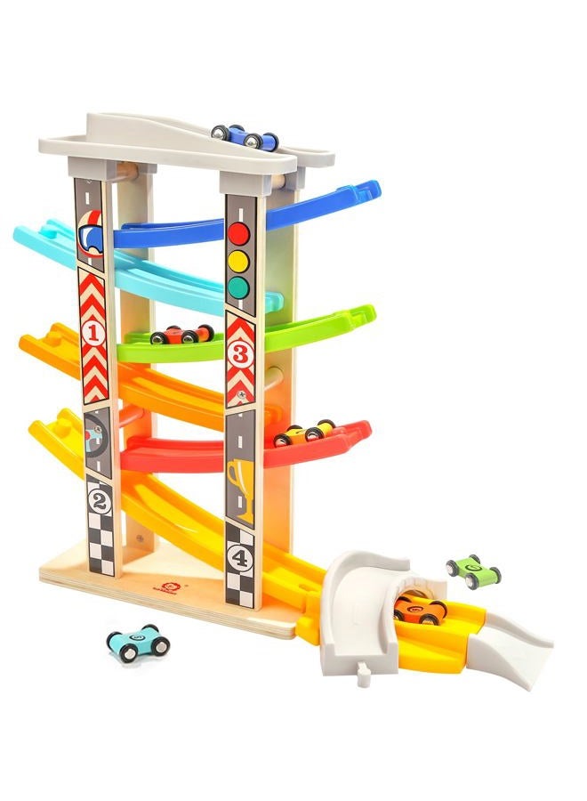 TOP BRIGHT Toddler Toys Race Track for 1 2 Year Old Boy Gifts Wooden Car Ramp Racer with 6 Mini Cars - Image 1