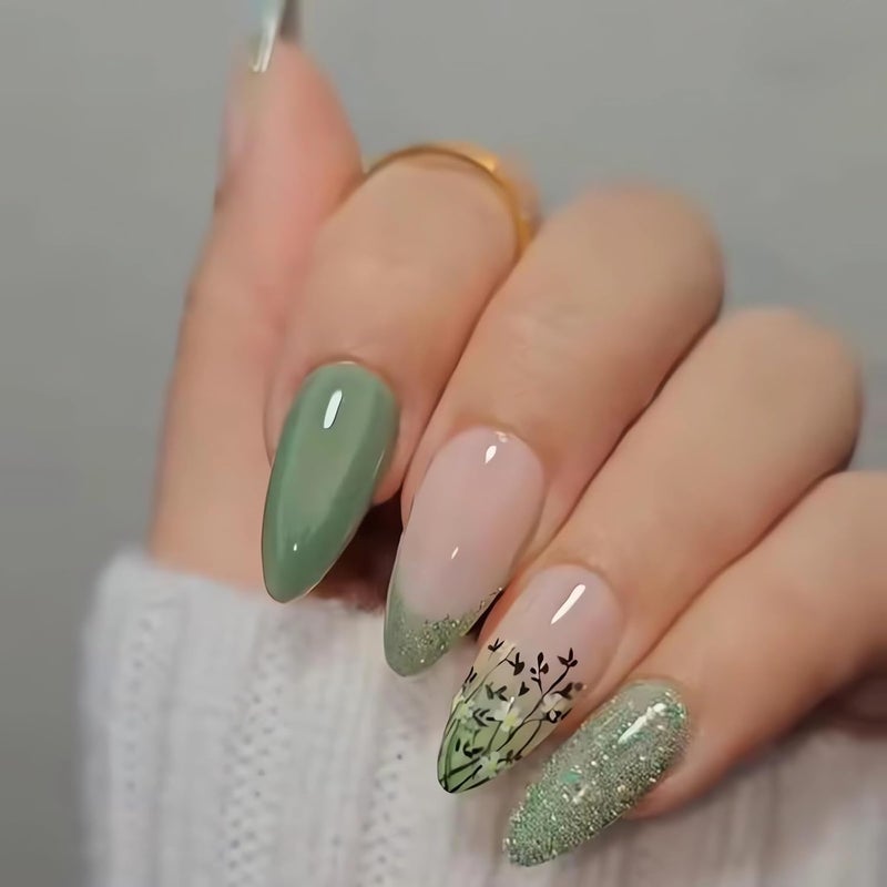 أظافر ضغط خضراء - شكل لوز متوسط مع تصاميم فراشة وزهرة، طرف فرنسي، تدرج لامع باللونين الوردي والأبيض، أظافر مزيفة للنساء والفتيات