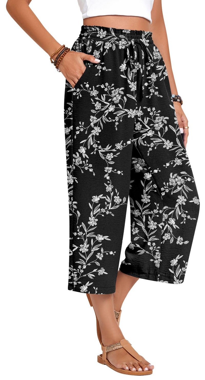 Anyhold Womens Capri Pants Loose High Waisted Wide Leg Lounge Pants Drawstring Casual Palazzo Trousers with Pockets Large, White Carvings - Image 2