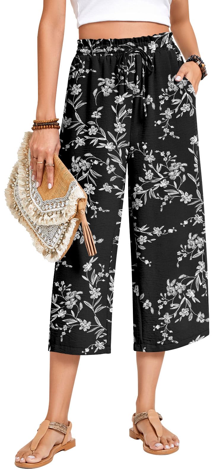 Anyhold Womens Capri Pants Loose High Waisted Wide Leg Lounge Pants Drawstring Casual Palazzo Trousers with Pockets Large, White Carvings - Image 3