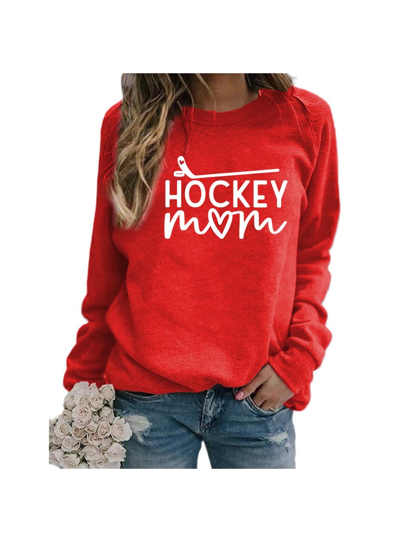 Generic - Hockey Mom Printed Crewneck Sweatshirt Oversized Red (white font) - Image 1
