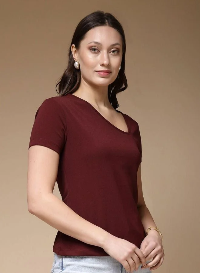 Freehand Women Regular Fit Solid Asymmetric Neck Short Sleeve Crop Top