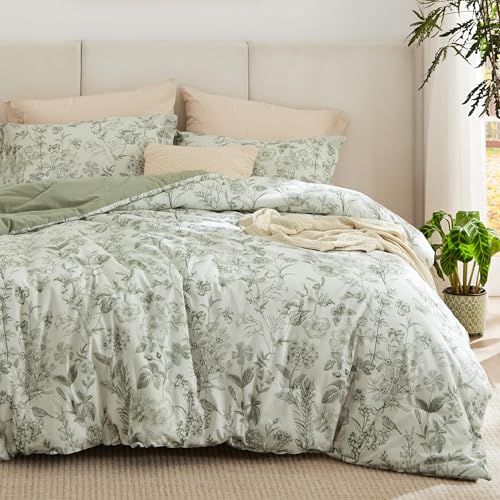 Bedsure Floral Comforter Set King Size  100 Cotton Fabric with Microfiber Inner Fill Sage Green Bedding Comforter Set 3 Pieces 1 Soft Reversible Botanical Flower Comforter and 2 Pillow Shams