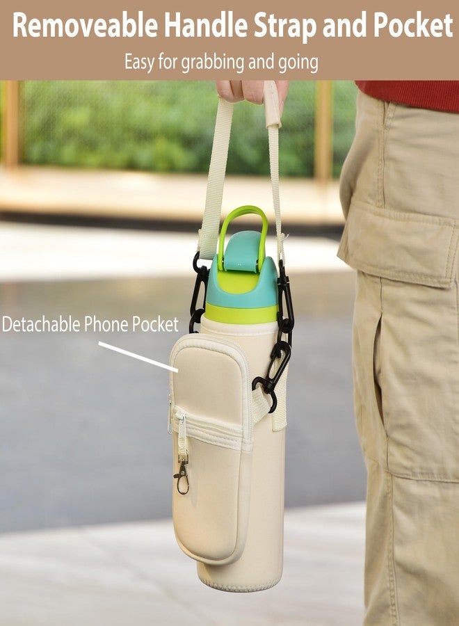 Icesip Water Bottle Carrier Bag with Strap for Owala FreeSip 32oz with Detachable Phone Pocket for Owala Accessories 32oz Water Bottle Sleeve for Walking Camping Gym Off White - Image 2