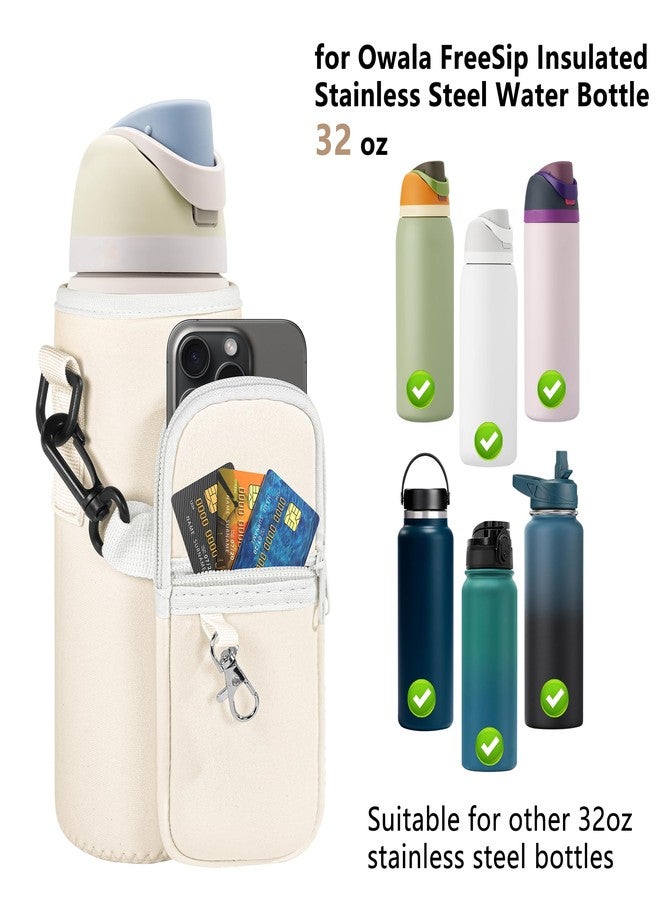 Icesip Water Bottle Carrier Bag with Strap for Owala FreeSip 32oz with Detachable Phone Pocket for Owala Accessories 32oz Water Bottle Sleeve for Walking Camping Gym Off White - Image 4