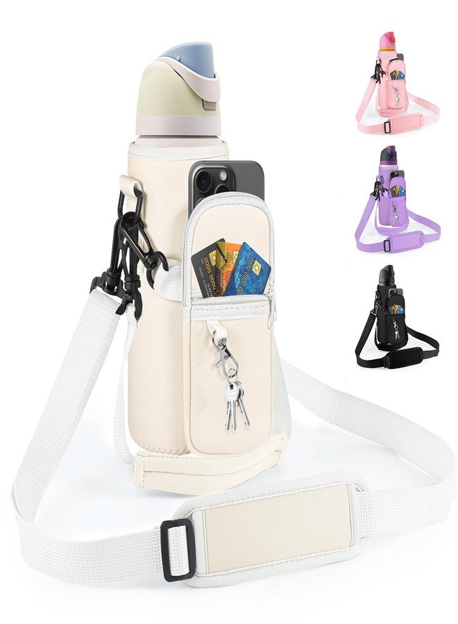 Icesip Water Bottle Carrier Bag with Strap for Owala FreeSip 32oz with Detachable Phone Pocket for Owala Accessories 32oz Water Bottle Sleeve for Walking Camping Gym Off White - Image 1