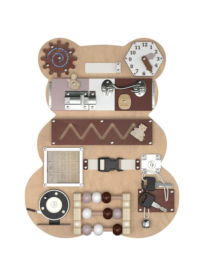Montessori Sensory Activity Board, Fine Motor Skill Development Tool with 11 Learning Elements (Locks/Zipper/Keys), Travel Skill Practice Panel - Bear Design - Image 1