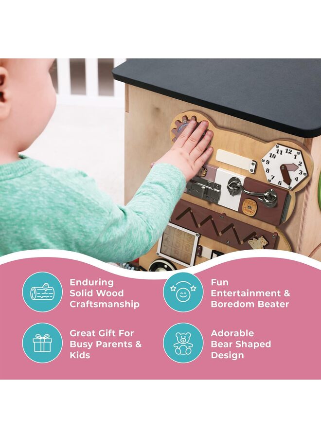 Montessori Sensory Activity Board, Fine Motor Skill Development Tool with 11 Learning Elements (Locks/Zipper/Keys), Travel Skill Practice Panel - Bear Design - Image 3