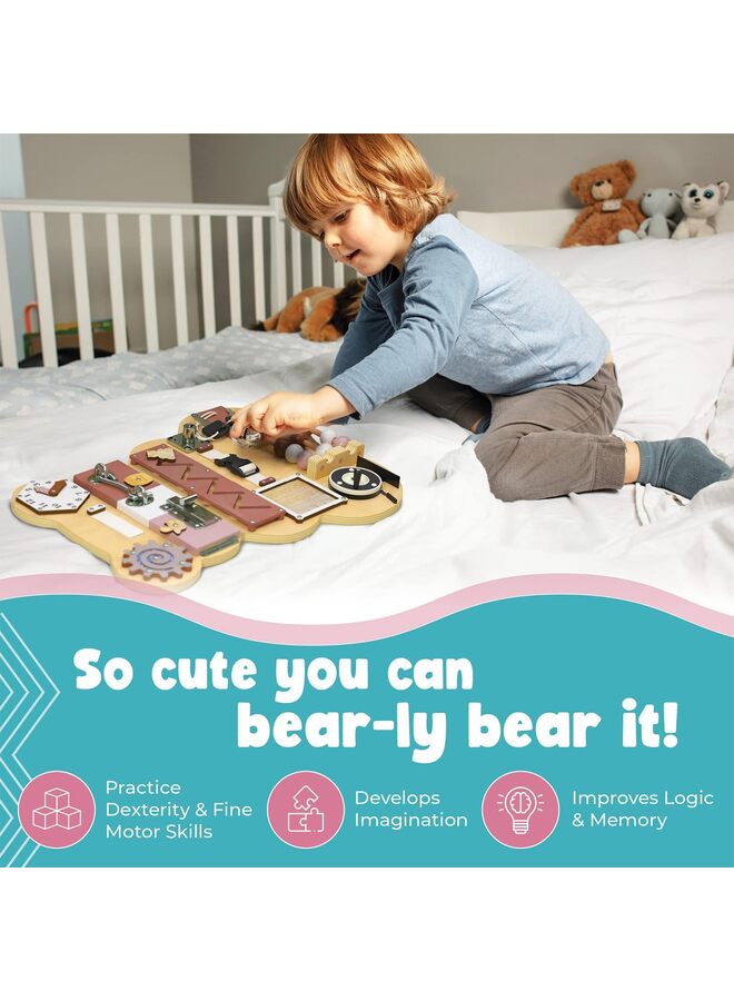 Montessori Sensory Activity Board, Fine Motor Skill Development Tool with 11 Learning Elements (Locks/Zipper/Keys), Travel Skill Practice Panel - Bear Design - Image 4