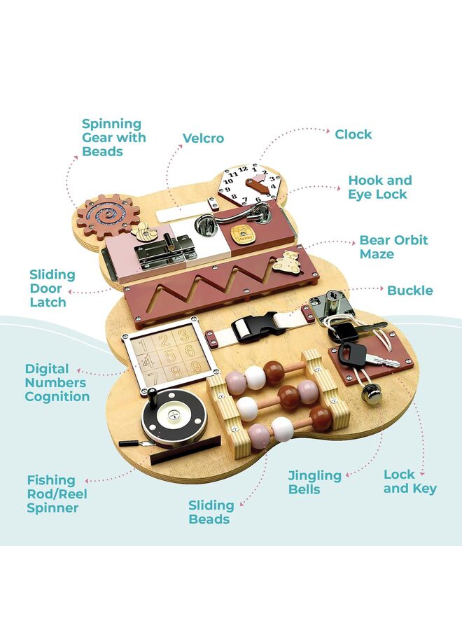 Montessori Sensory Activity Board, Fine Motor Skill Development Tool with 11 Learning Elements (Locks/Zipper/Keys), Travel Skill Practice Panel - Bear Design - Image 2