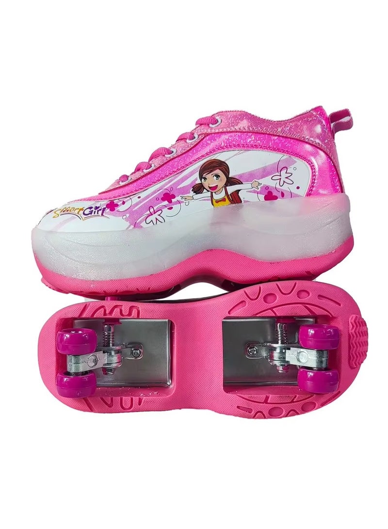 متجر 7 حذاء زلاجات بناتي بعجلات قابلة للفرد والطي – 2 في 1 يستخدم كحذاء عادي أو حذاء تزلج، تصميم وردي أنيق برسومات كرتونية مبهجة مناسب للمدرسة والرياضة والمرح - Image 1