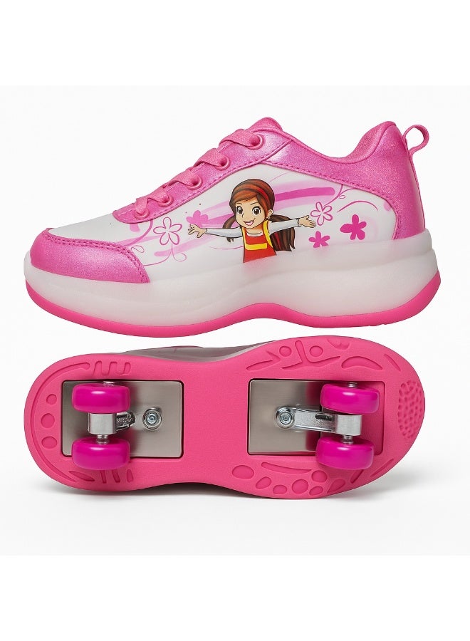 متجر 7 حذاء زلاجات بناتي بعجلات قابلة للفرد والطي – 2 في 1 يستخدم كحذاء عادي أو حذاء تزلج، تصميم وردي أنيق برسومات كرتونية مبهجة مناسب للمدرسة والرياضة والمرح - Image 2