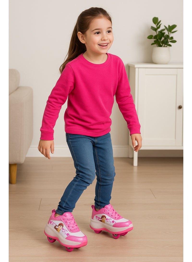 متجر 7 حذاء زلاجات بناتي بعجلات قابلة للفرد والطي – 2 في 1 يستخدم كحذاء عادي أو حذاء تزلج، تصميم وردي أنيق برسومات كرتونية مبهجة مناسب للمدرسة والرياضة والمرح - Image 4