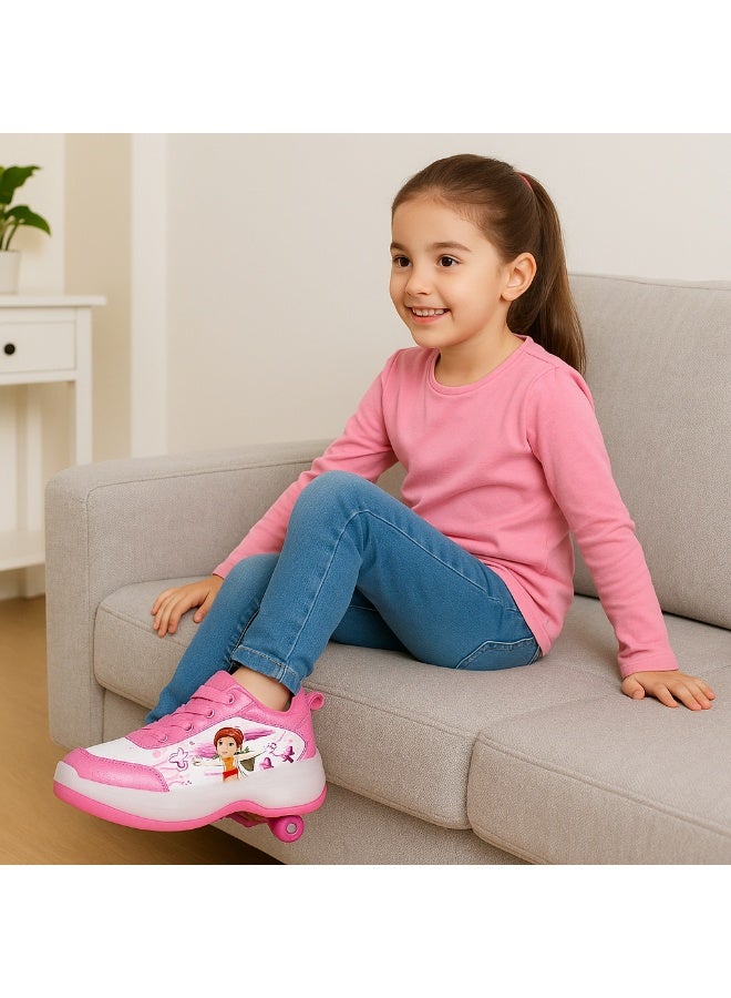 متجر 7 حذاء زلاجات بناتي بعجلات قابلة للفرد والطي – 2 في 1 يستخدم كحذاء عادي أو حذاء تزلج، تصميم وردي أنيق برسومات كرتونية مبهجة مناسب للمدرسة والرياضة والمرح - Image 3