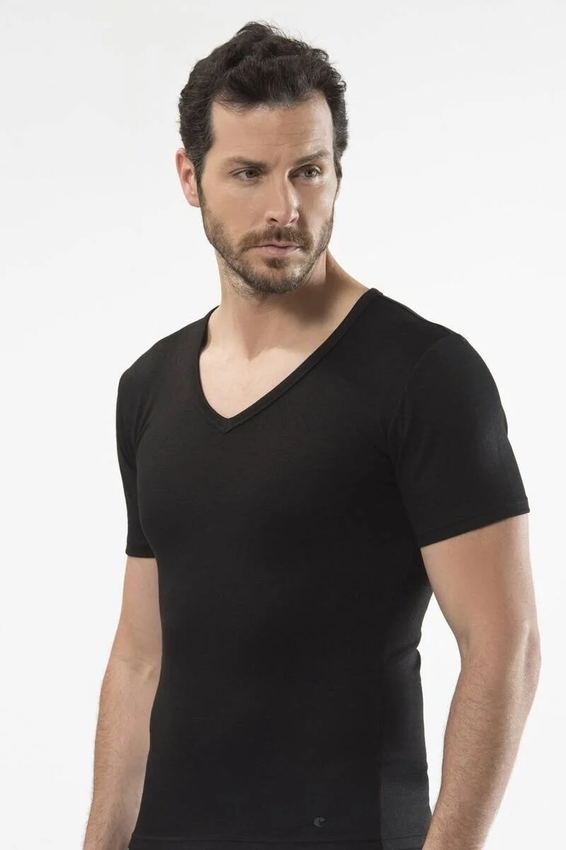 cacharel - Thermal short sleeve v-neck Black T-Shirt