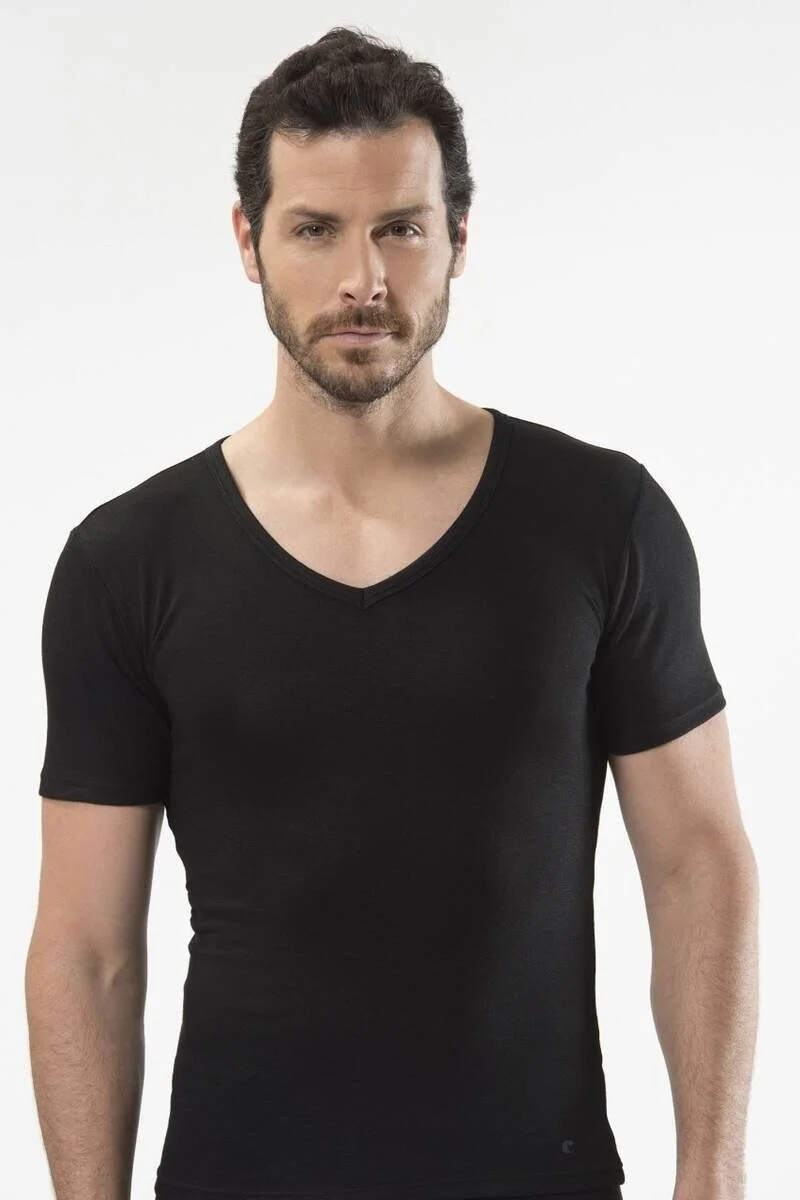 cacharel - Thermal short sleeve v-neck Black T-Shirt